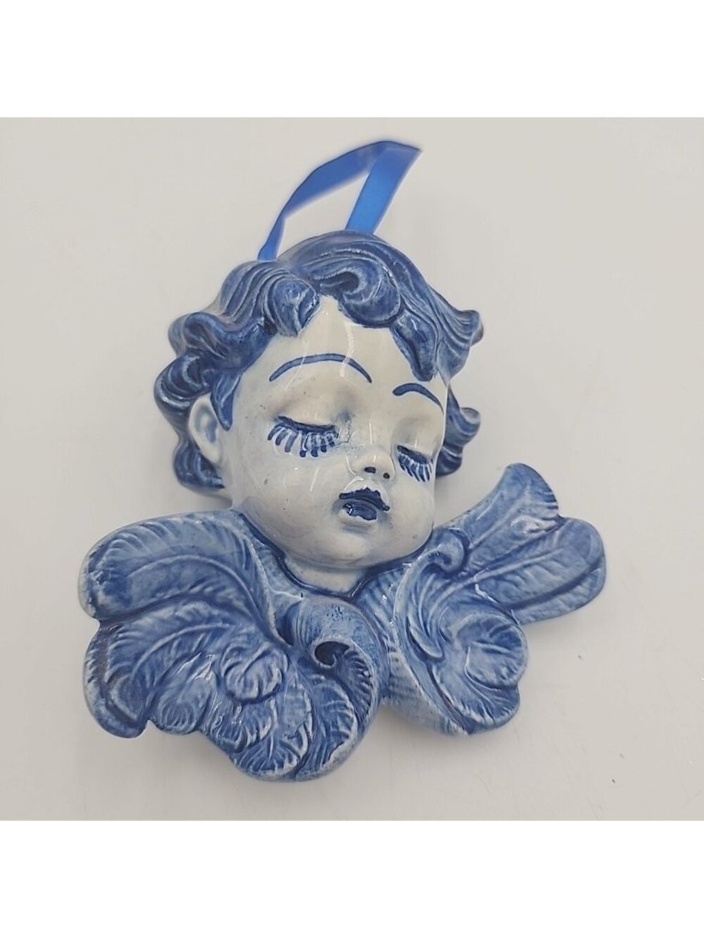 VTG Holland Dutch Delft Blue Signed Ceramic Angel Christmas Ornament 4"